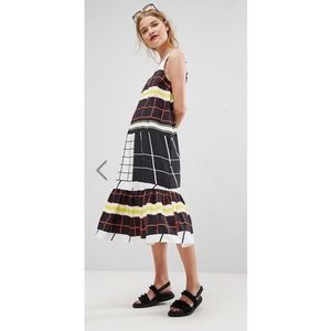 ASOS Stripe and Check Print Midi Dress Peplum Hem
